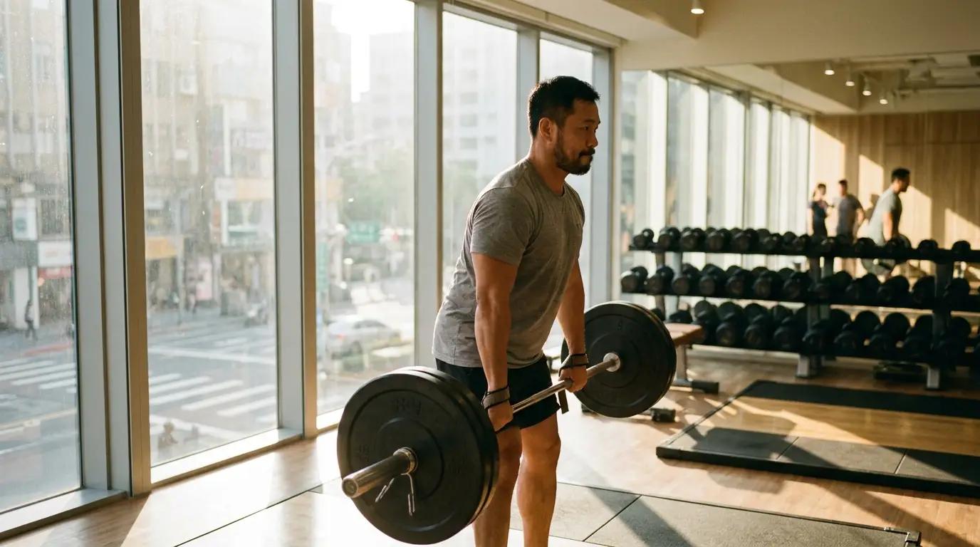 A person performing a barbell deadlift in a bright sunlit gym, warm natural light streaming through windows