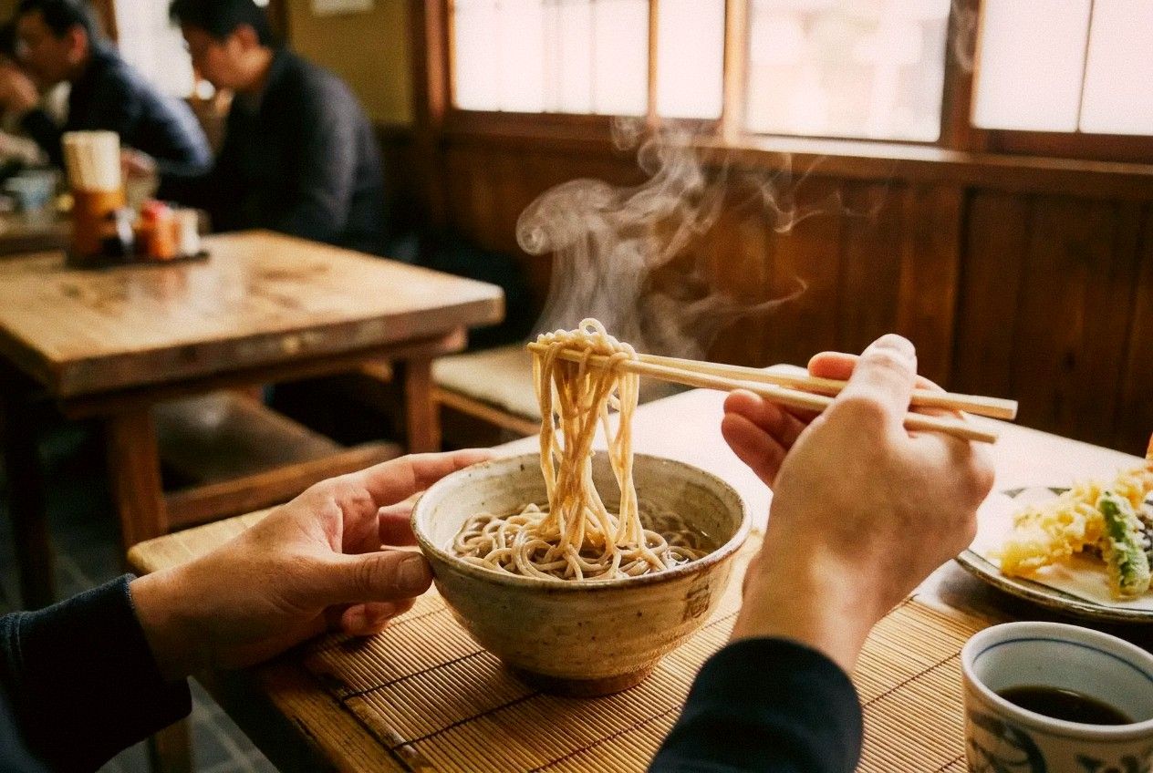 Hand-cut soba noodles being served at a traditional Kyoto soba shop