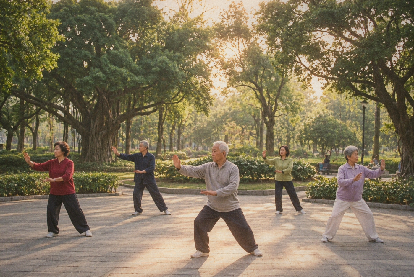 Older adults practicing tai chi in a leafy park