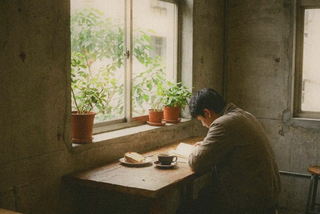 A cozy Taipei cafe interior with wooden tables and warm morning light