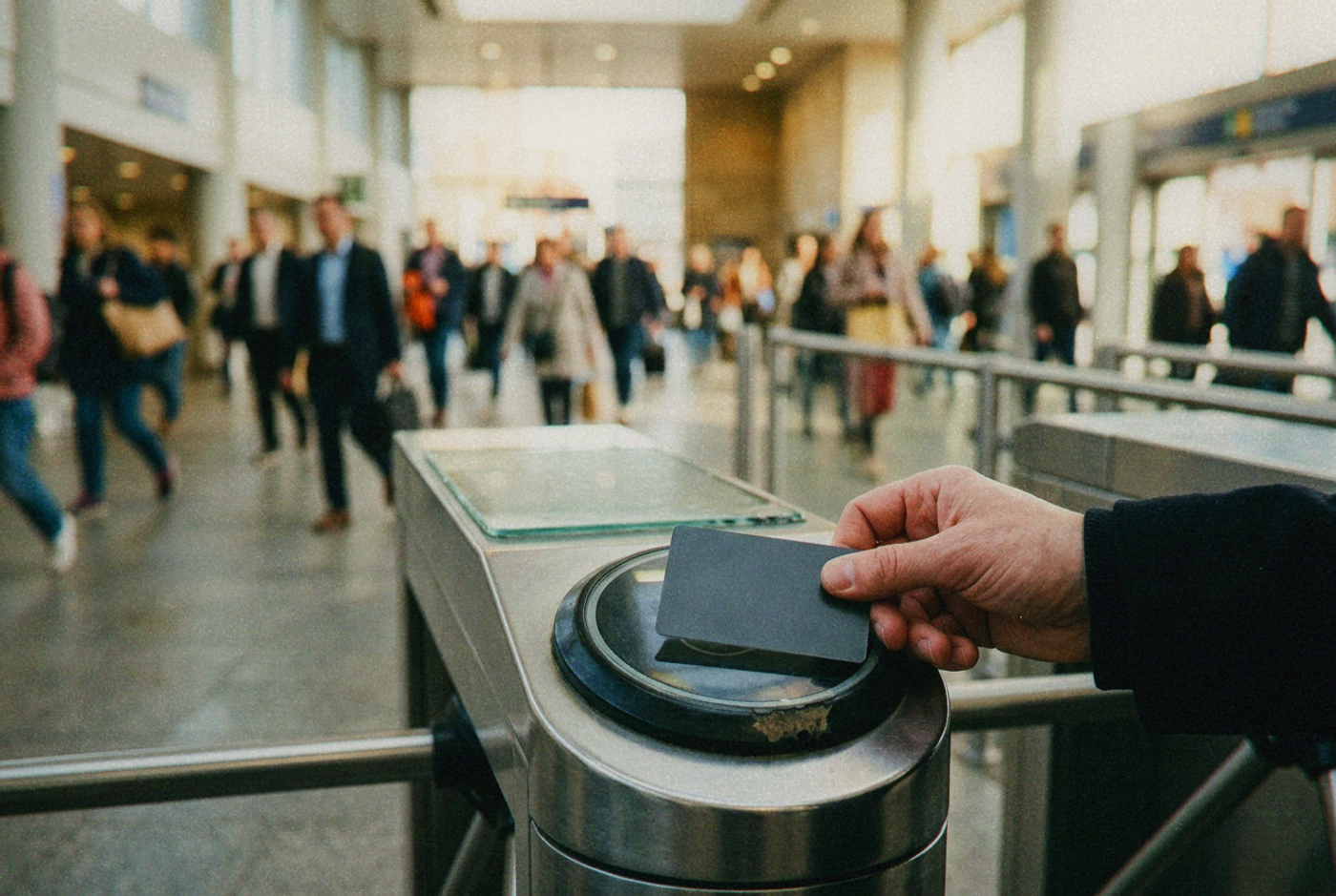 A hand tapping a transit smartcard on a turnstile reader in a bright metro station
