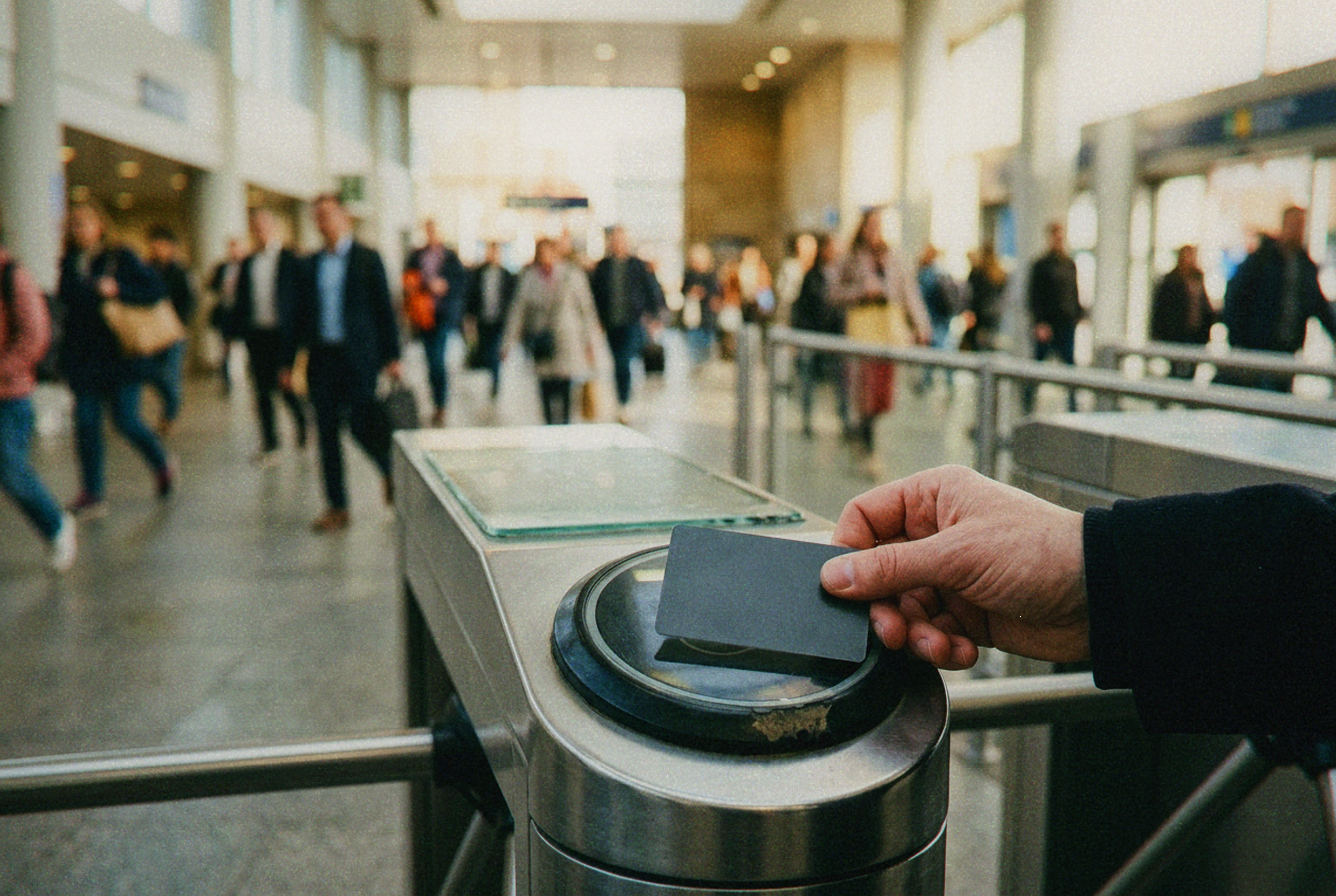 A hand tapping a transit smartcard on a turnstile reader in a bright metro station