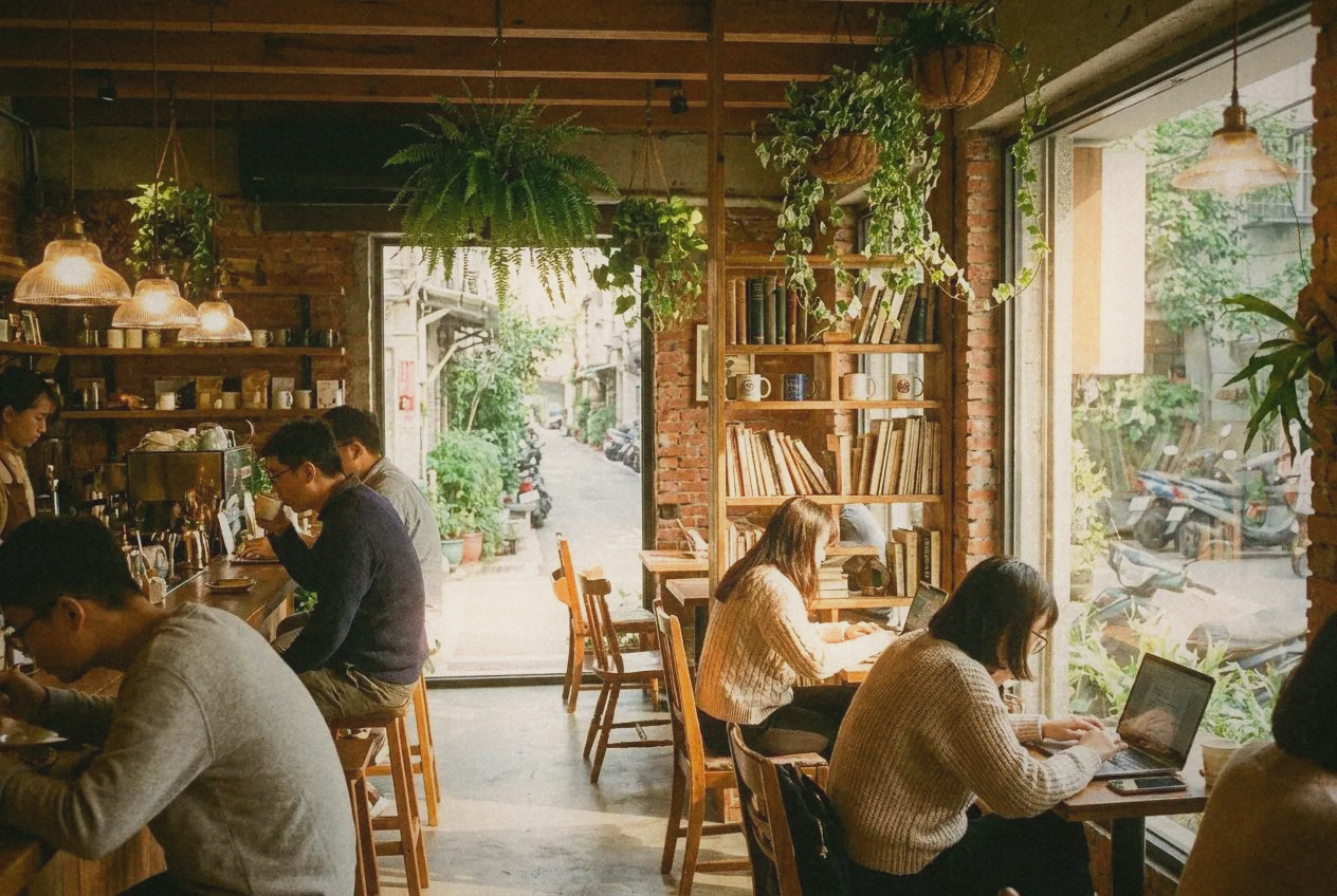 Cozy Taipei cafe interior with exposed brick, plants, and warm lighting