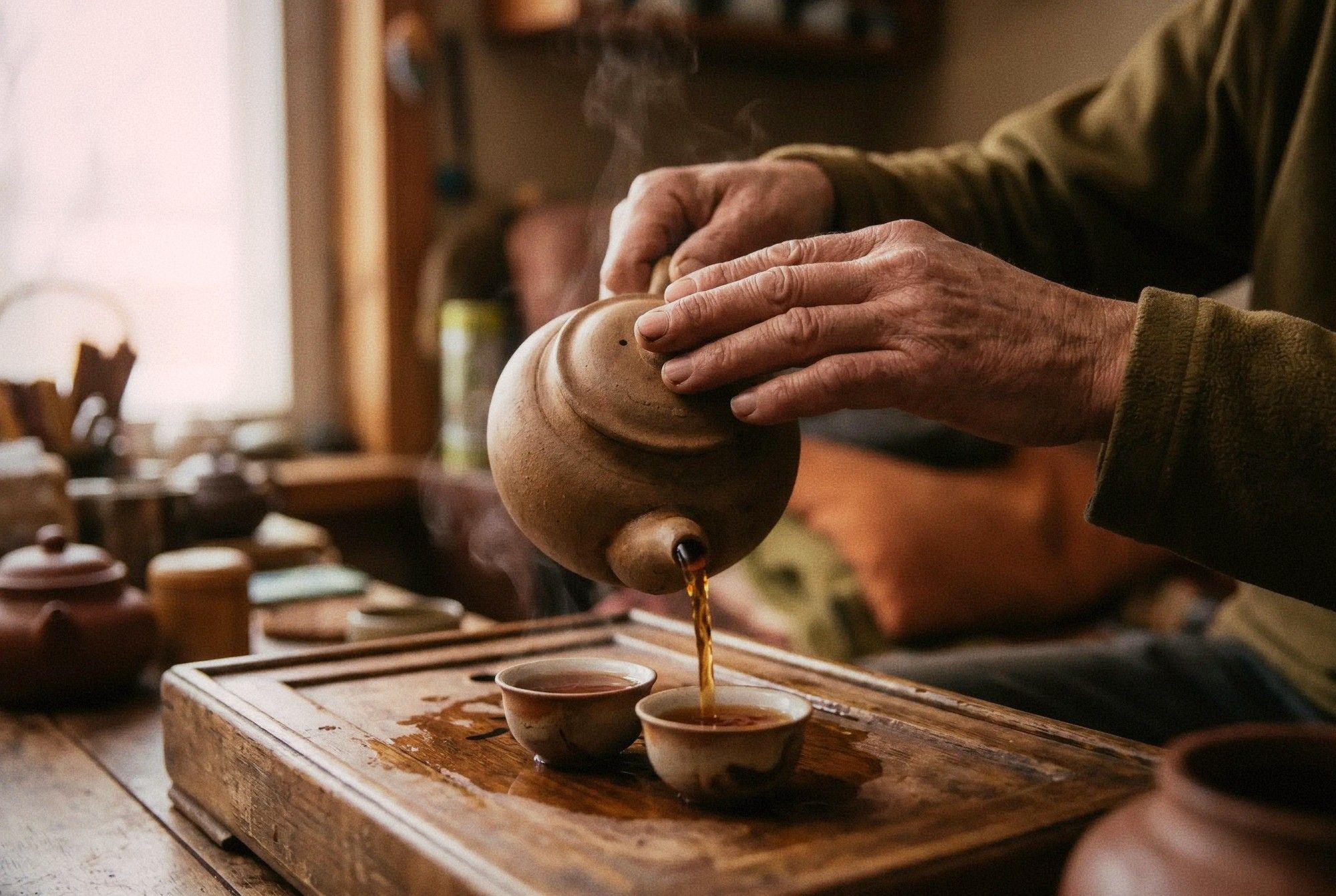 Close-up weathered hands pouring tea from a clay teapot into small cups on a wooden tea tray