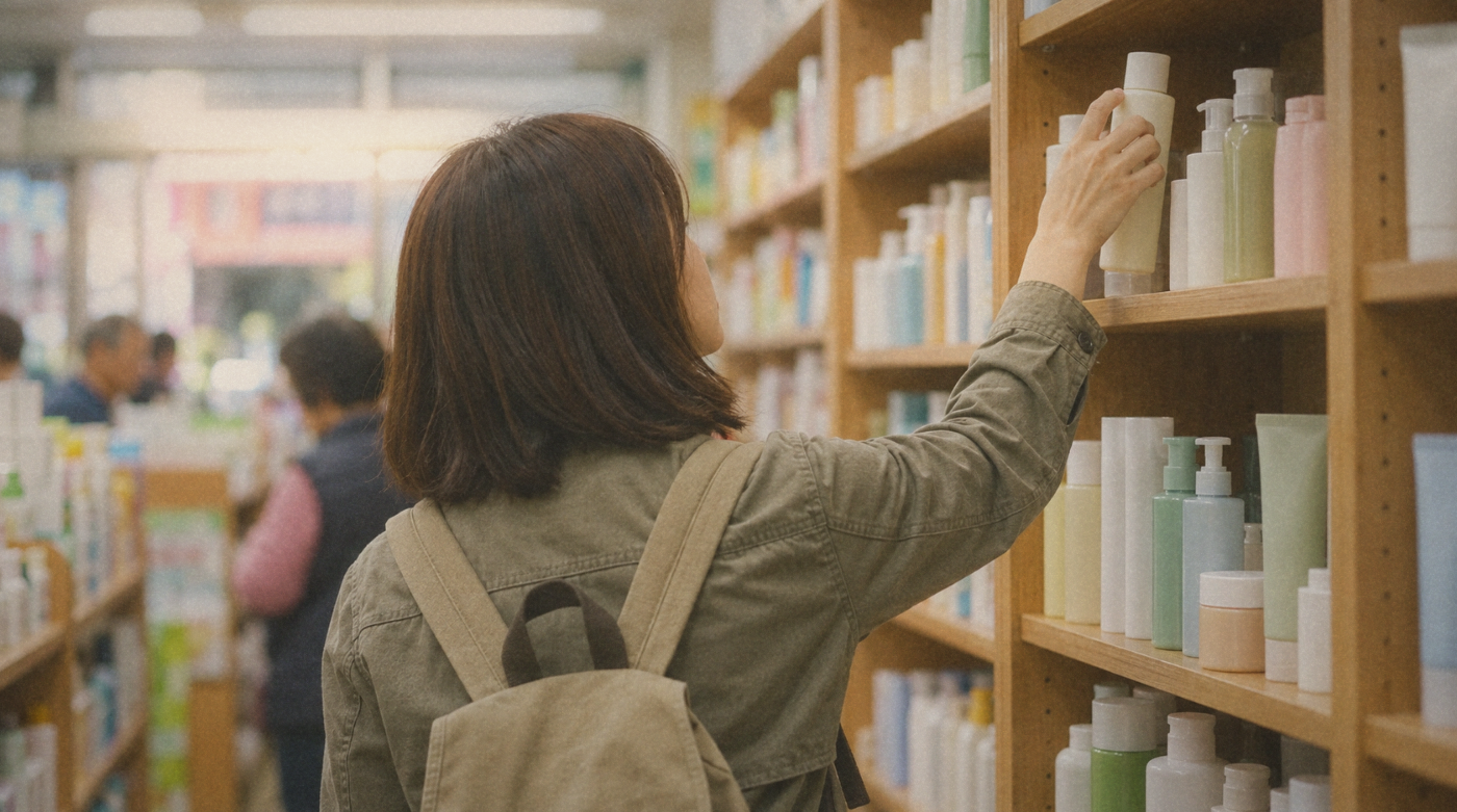 Woman choosing a skincare bottle from a shop shelf