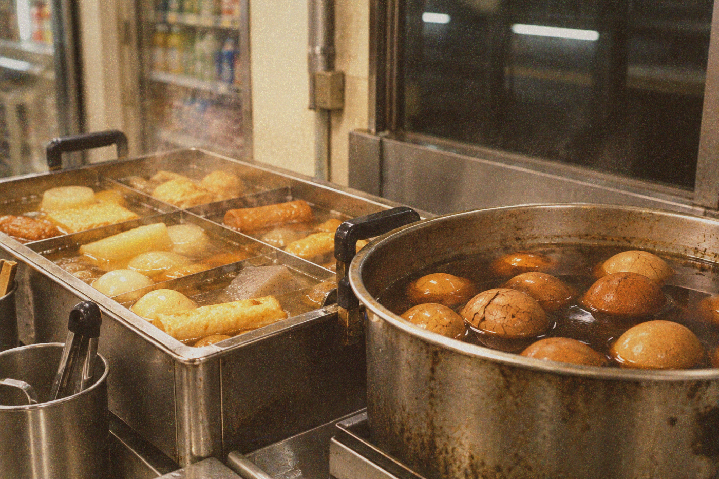 Steaming food counter inside a convenience store on a traditional Taiwanese street at night