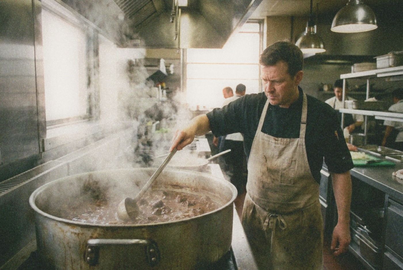 Cook stirring a massive pot of dark braised beef broth in a commercial kitchen