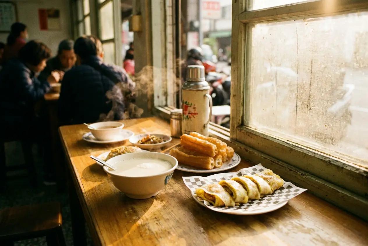 Traditional Taiwanese breakfast spread with soy milk, fried dough sticks and egg crepe