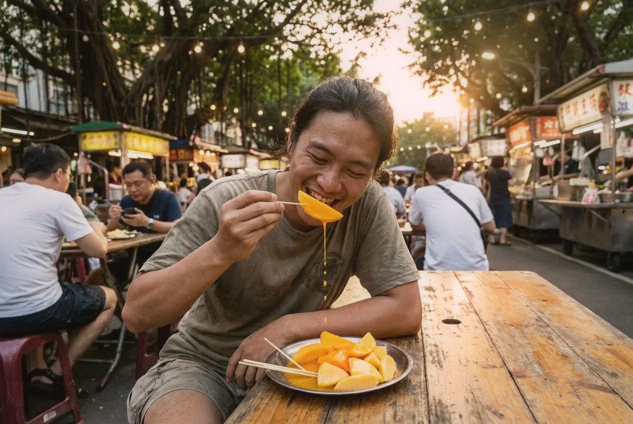 Person eating fresh cut mango slices at an outdoor table in Taiwan