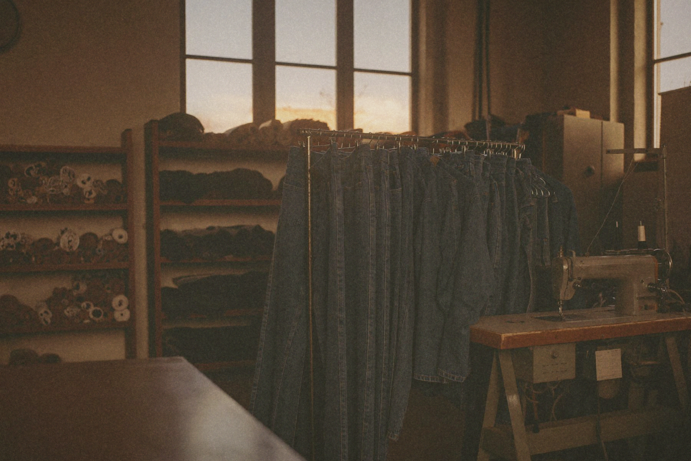 Rack of upcycled indigo denim beside bolts of fabric and an industrial sewing machine in a converted Taipei textile factory