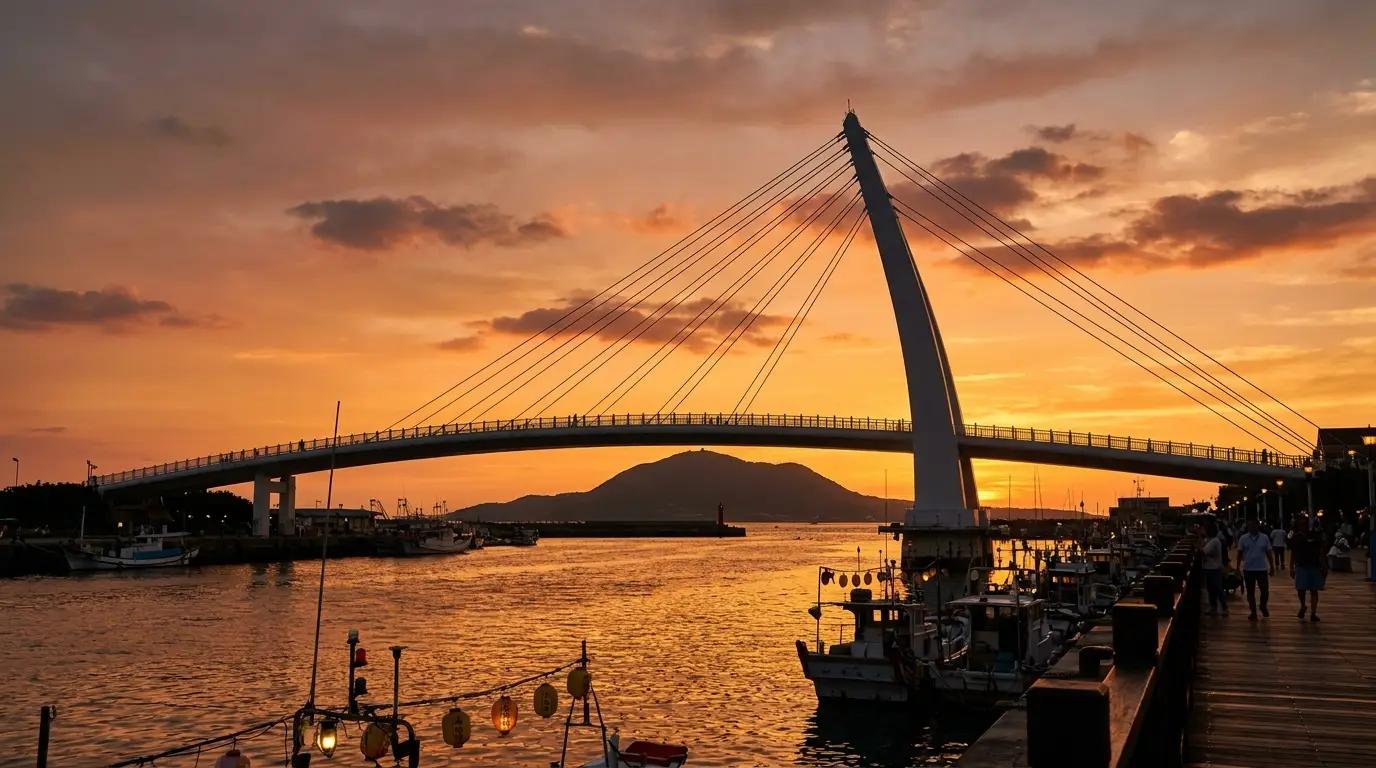 Sunset view from Fisherman's Wharf with Lover's Bridge silhouette