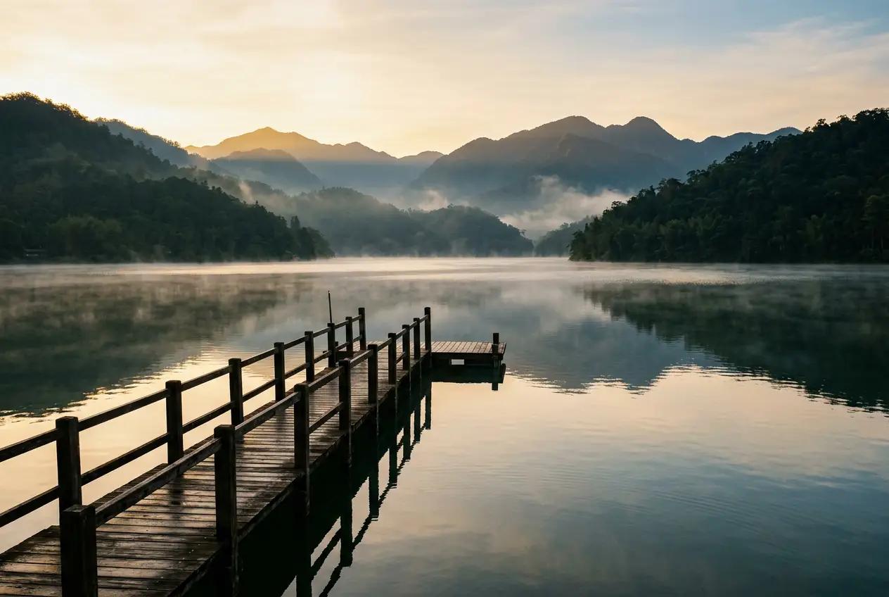 Sun Moon Lake at dawn with mist over still water and forested mountains