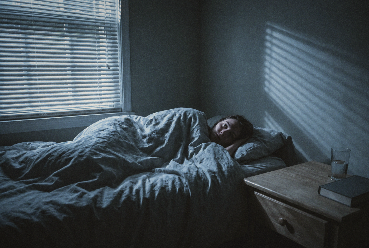 A person lies awake in a dim bedroom.