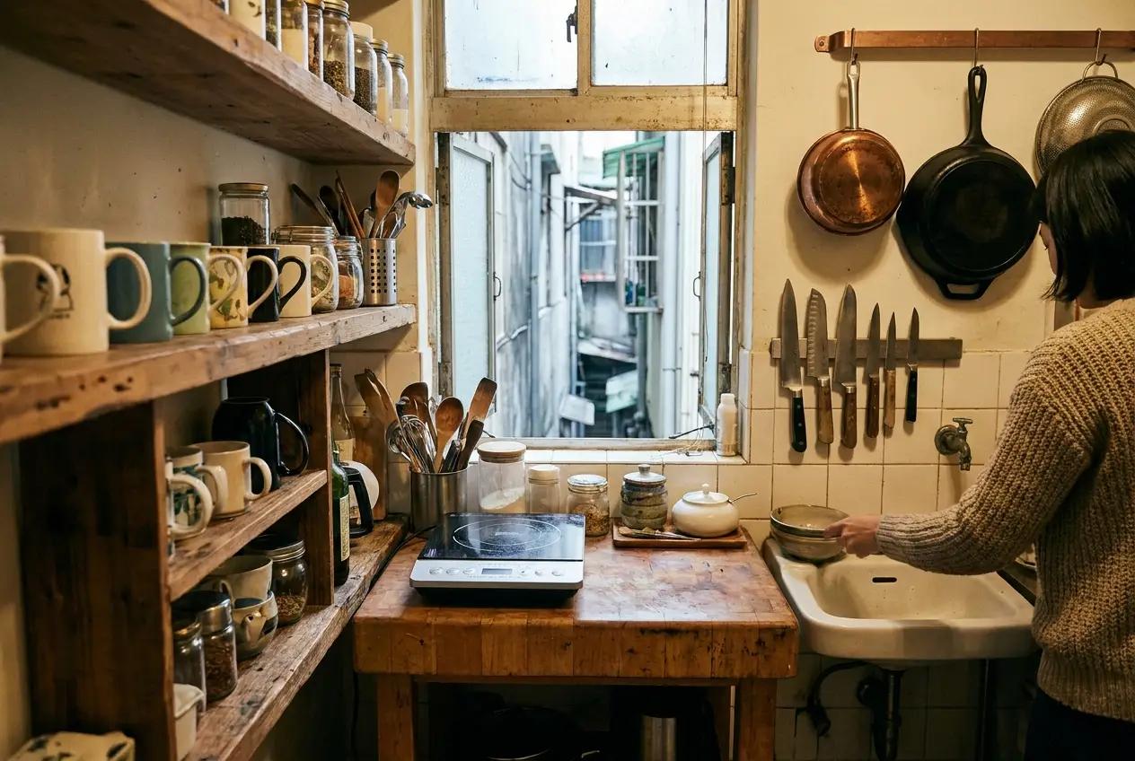 Compact Taipei apartment kitchen with vertical storage and hanging cookware