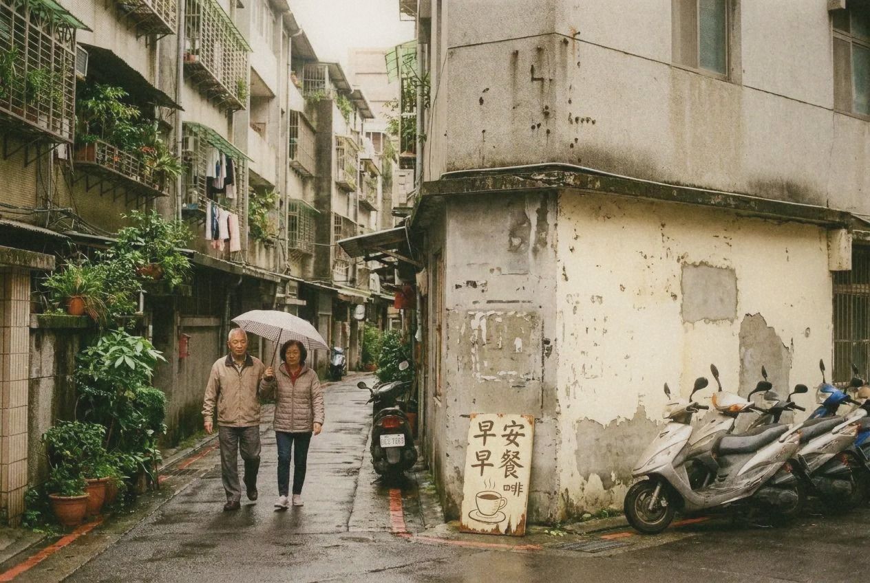 A Taipei street scene on a weekend morning with sunlight and people walking