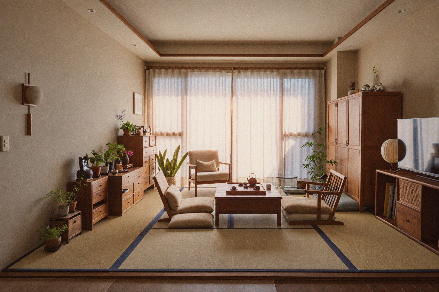 Minimalist Taiwanese living room with wooden furniture, white curtains, and warm afternoon light