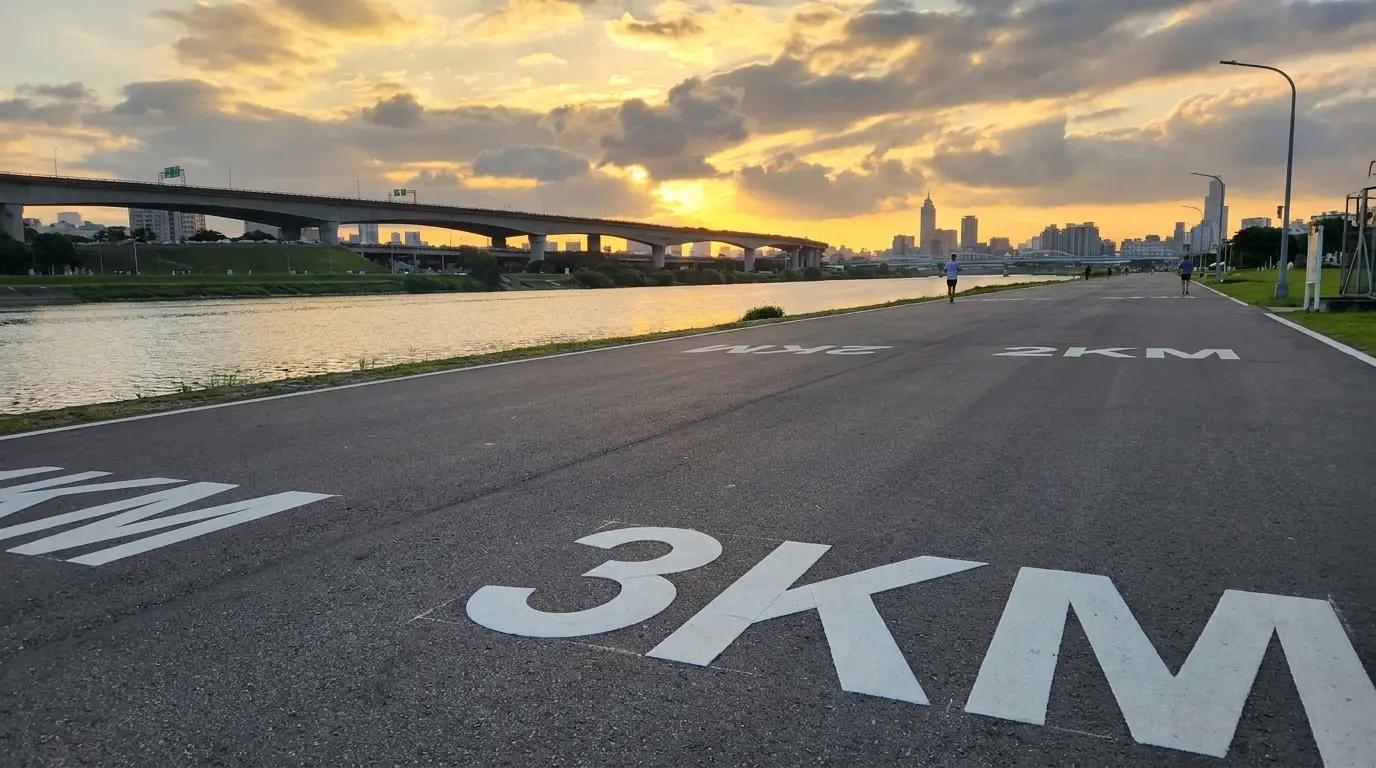 A wide riverside running path with distance markers painted on the ground