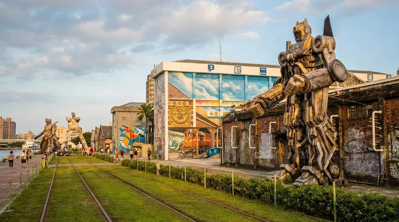 Kaohsiung Pier-2 Art District with converted warehouses and outdoor sculptures