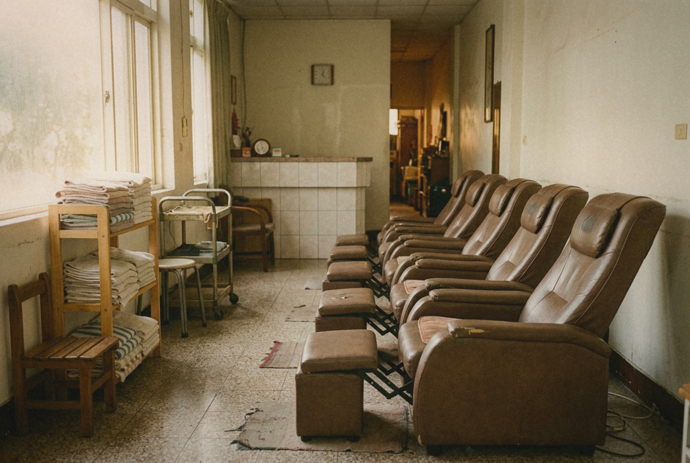 A quiet row of reclining massage chairs in a modest Taiwanese neighbourhood massage shop