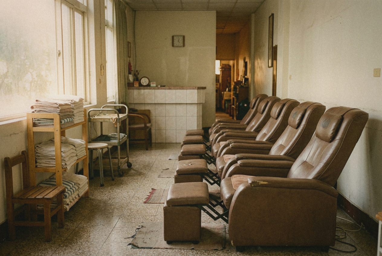A quiet row of reclining massage chairs in a modest Taiwanese neighbourhood massage shop