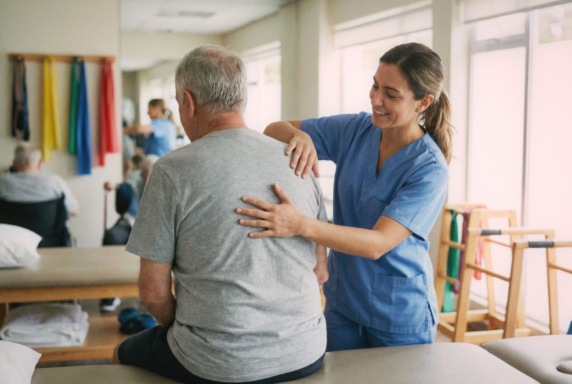 Physical therapist checking patient alignment and posture in a rehabilitation clinic
