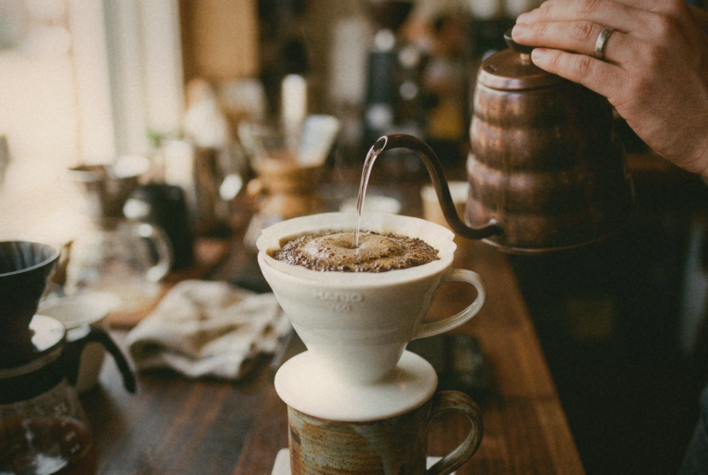 Close-up of water poured in a spiral from a gooseneck kettle over a ceramic dripper, coffee blooming