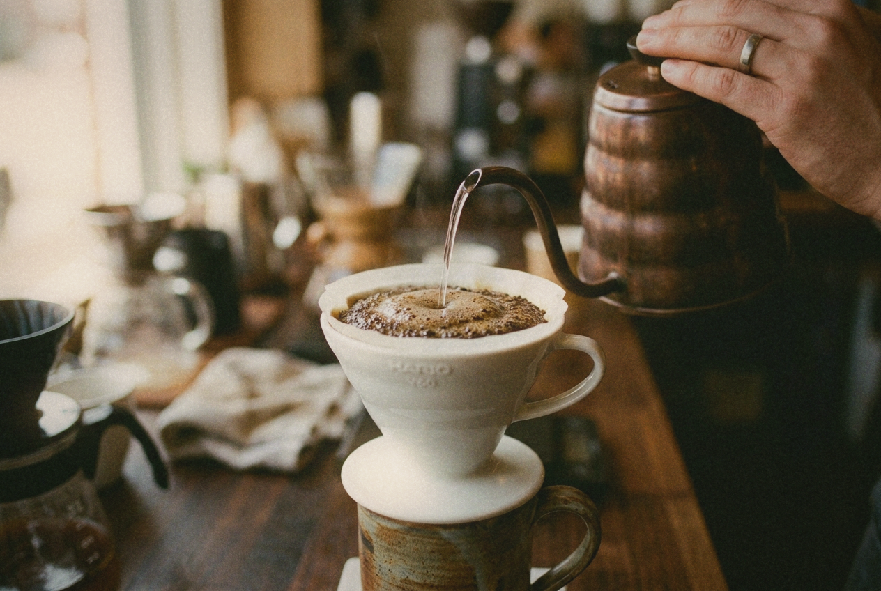 Close-up of water poured in a spiral from a gooseneck kettle over a ceramic dripper, coffee blooming