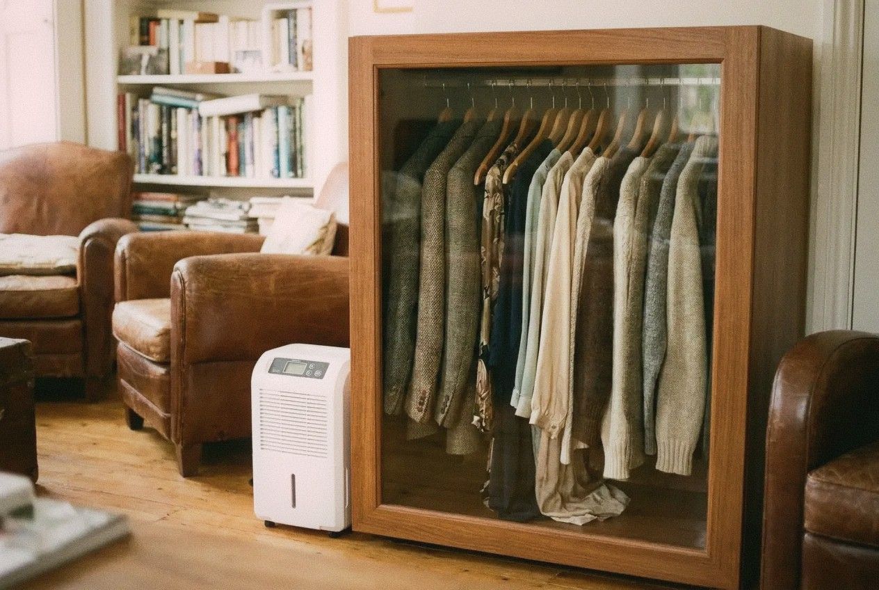 Electronic dry cabinet for clothing storage with glass door showing neatly hung vintage garments inside