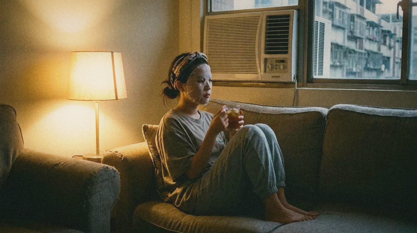 Young woman relaxing at home in Taipei with a sheet mask on, warm ambient lighting