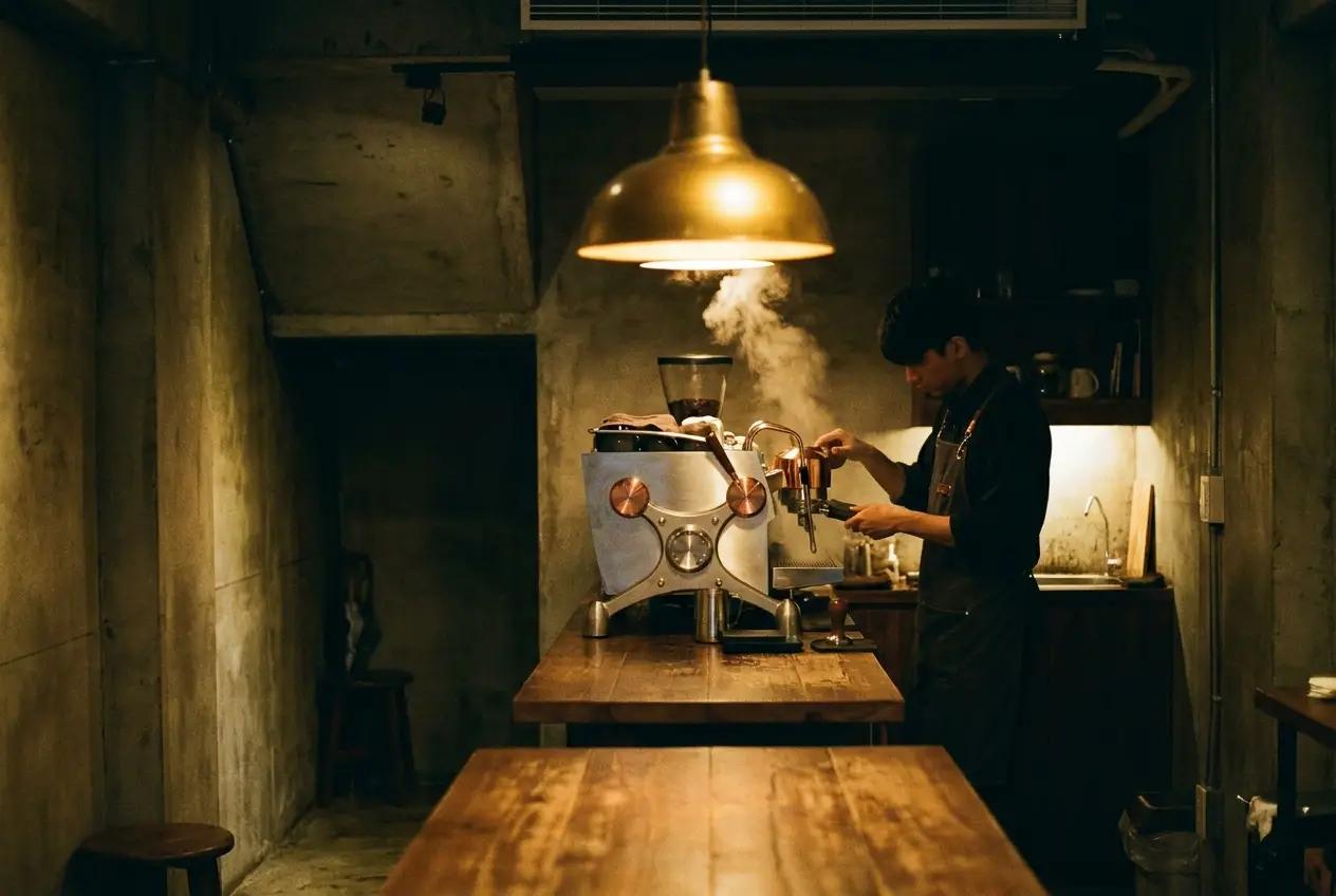 Moody basement coffee shop interior in Taipei with espresso machine