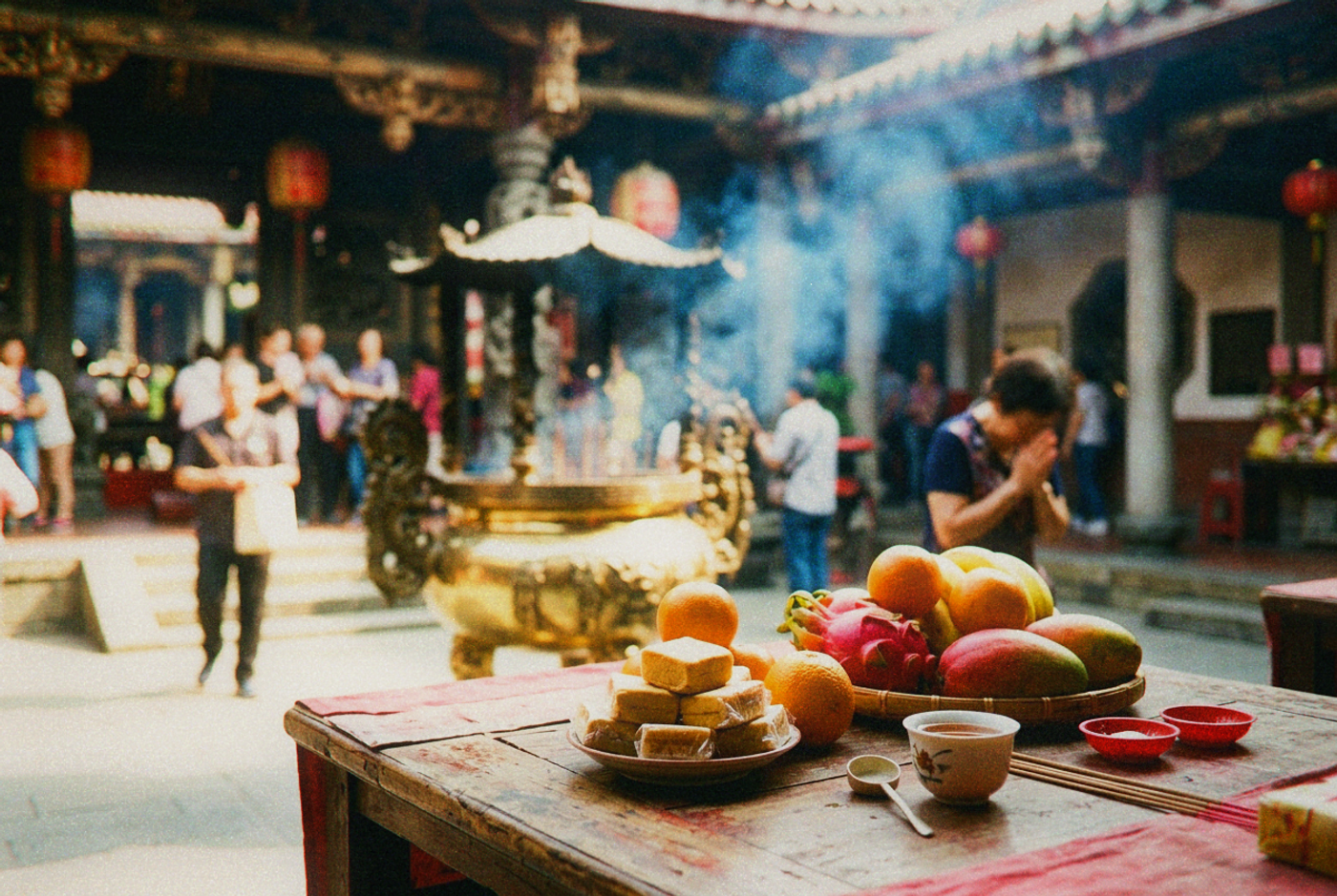 An offering table in a Taiwanese temple courtyard with fruit, pastries, and tea, incense smoke behind