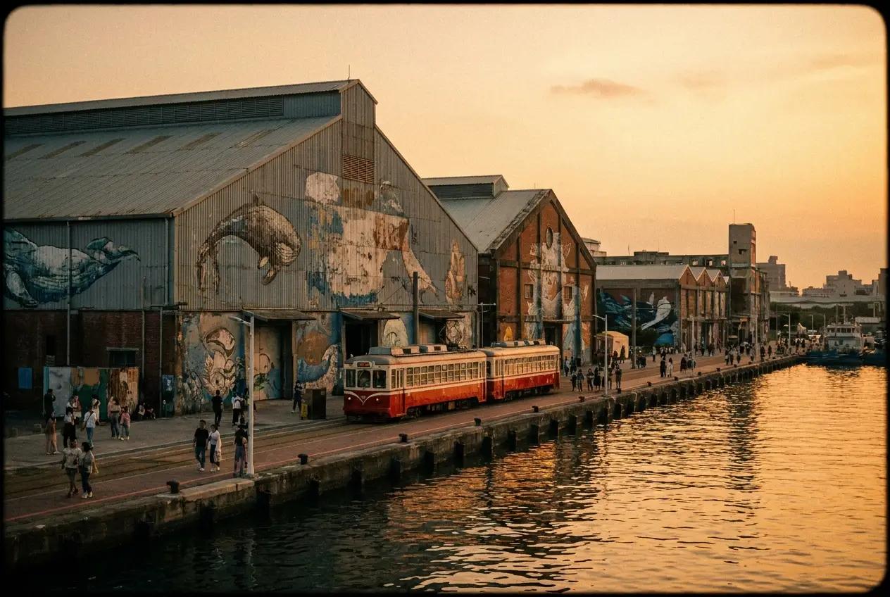 Kaohsiung Pier-2 Art District waterfront at sunset with light rail