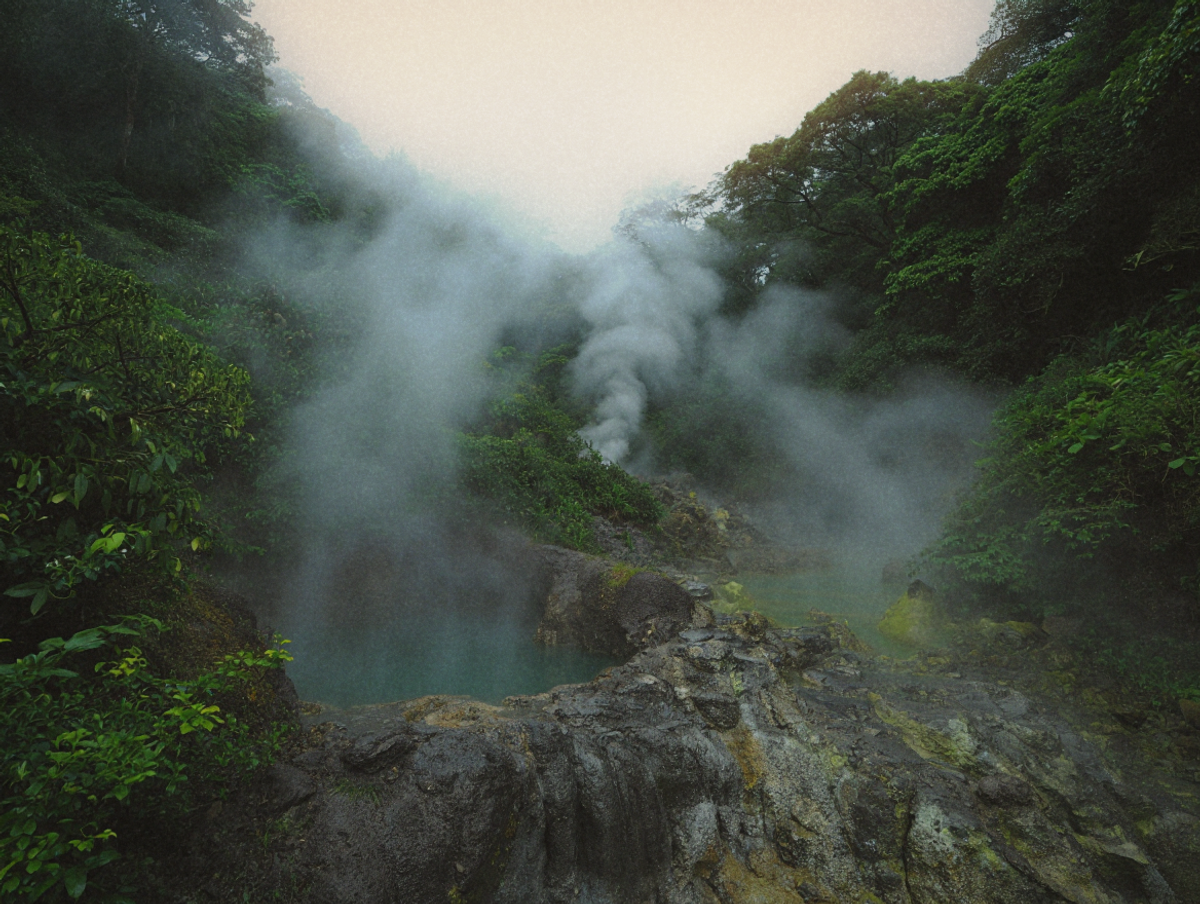 Dramatic sulfuric steam rising from jade-green geothermal pools at Beitou Thermal Valley, Taipei, Taiwan