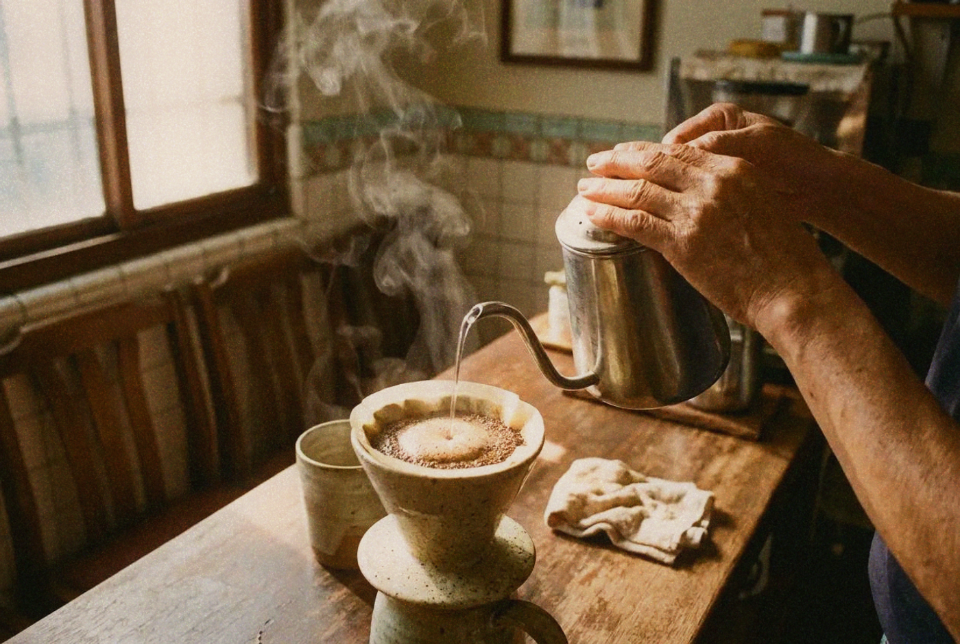 Close-up of hands doing pour-over coffee in a Tainan coffee shop