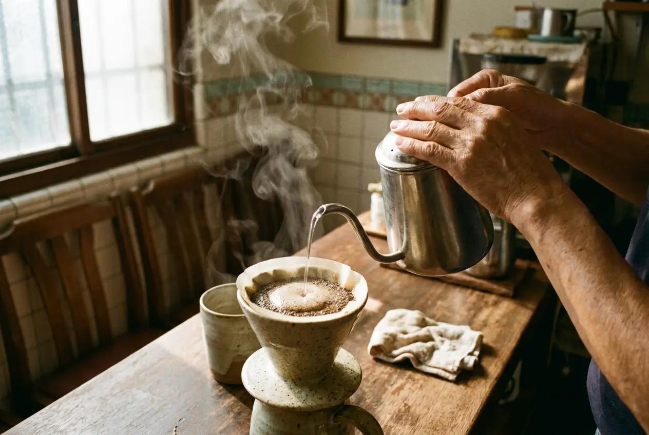 Close-up of hands doing pour-over coffee in a Tainan coffee shop