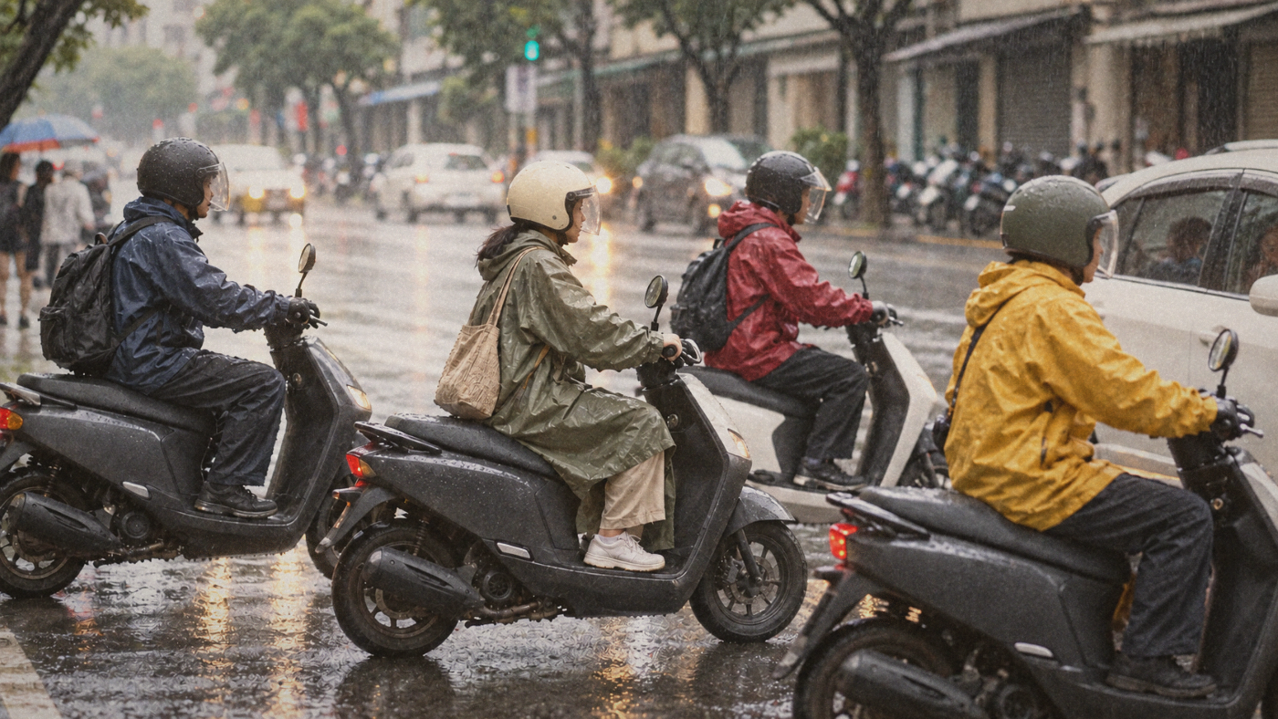 Four scooter commuters wearing rain protection on a wet city street