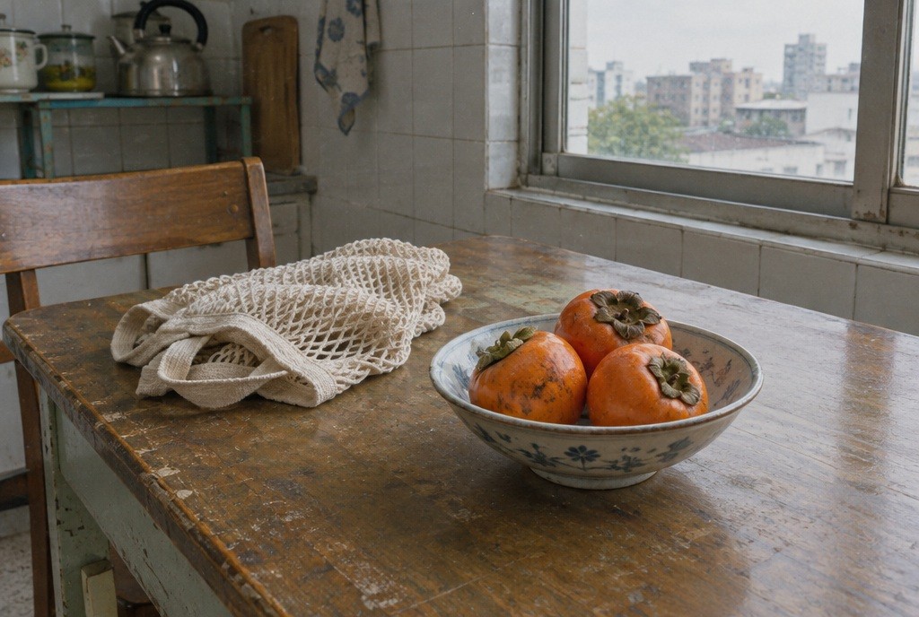 Illustration: Persimmons and a market bag on a kitchen table