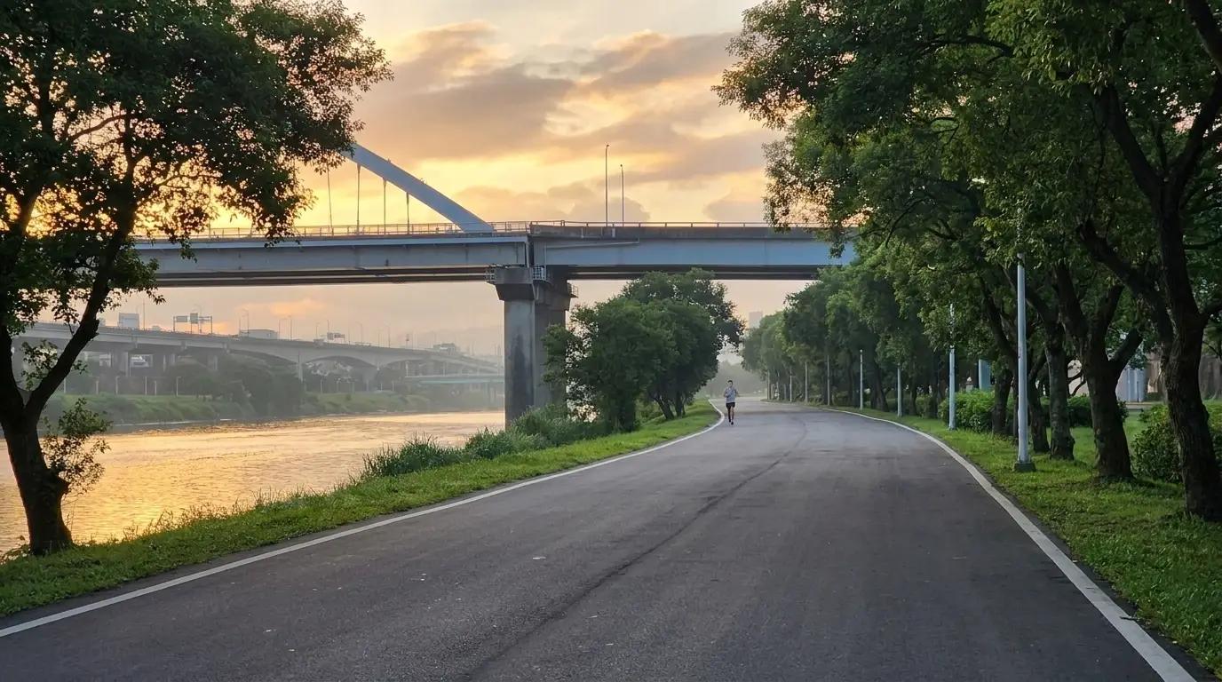 A runner on a wide riverside path in early morning light, Taipei bridges in the background