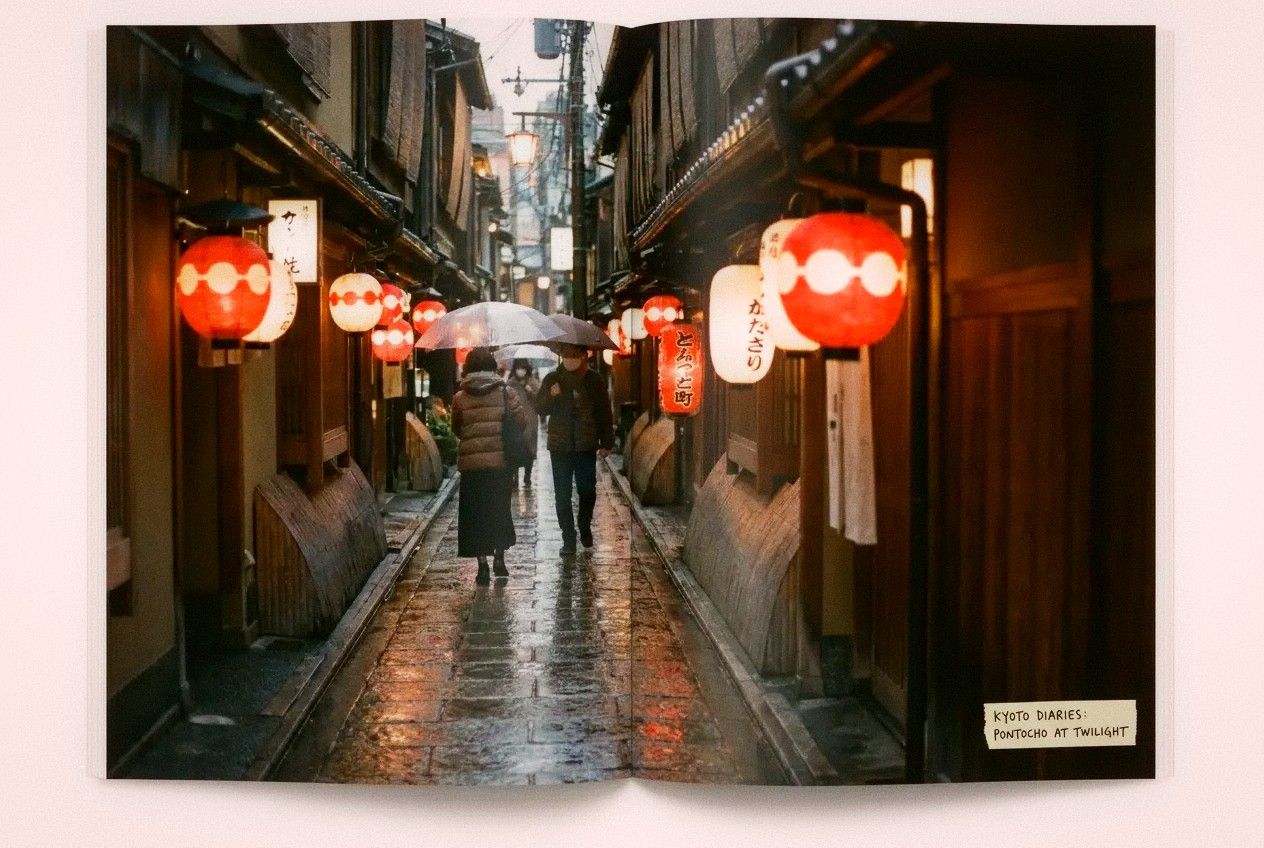 Narrow Pontocho alley in Kyoto at dusk