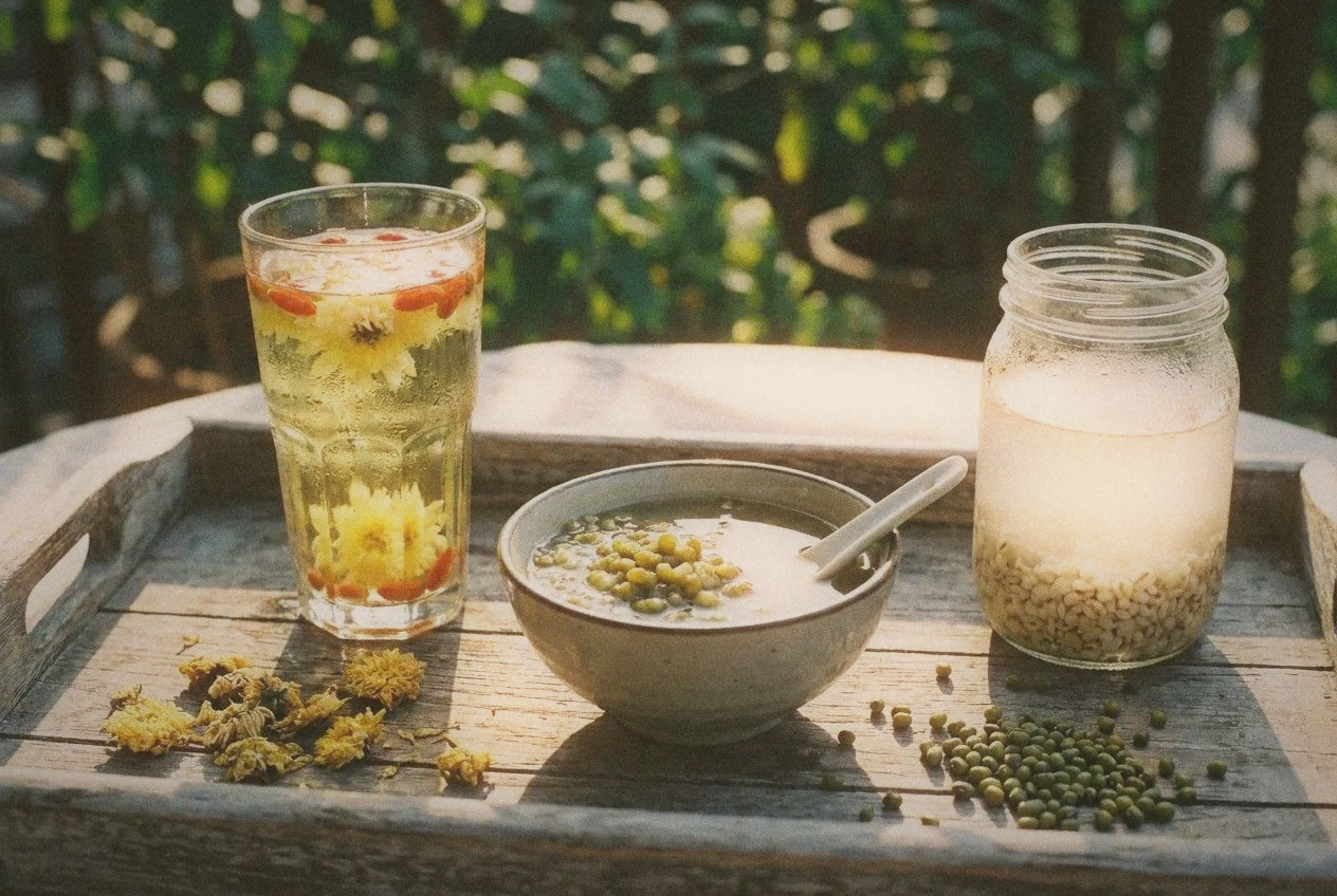 Traditional Chinese cooling drinks on a wooden tray