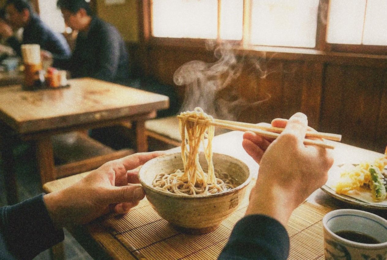 Hand-cut soba noodles being served at a traditional Kyoto soba shop