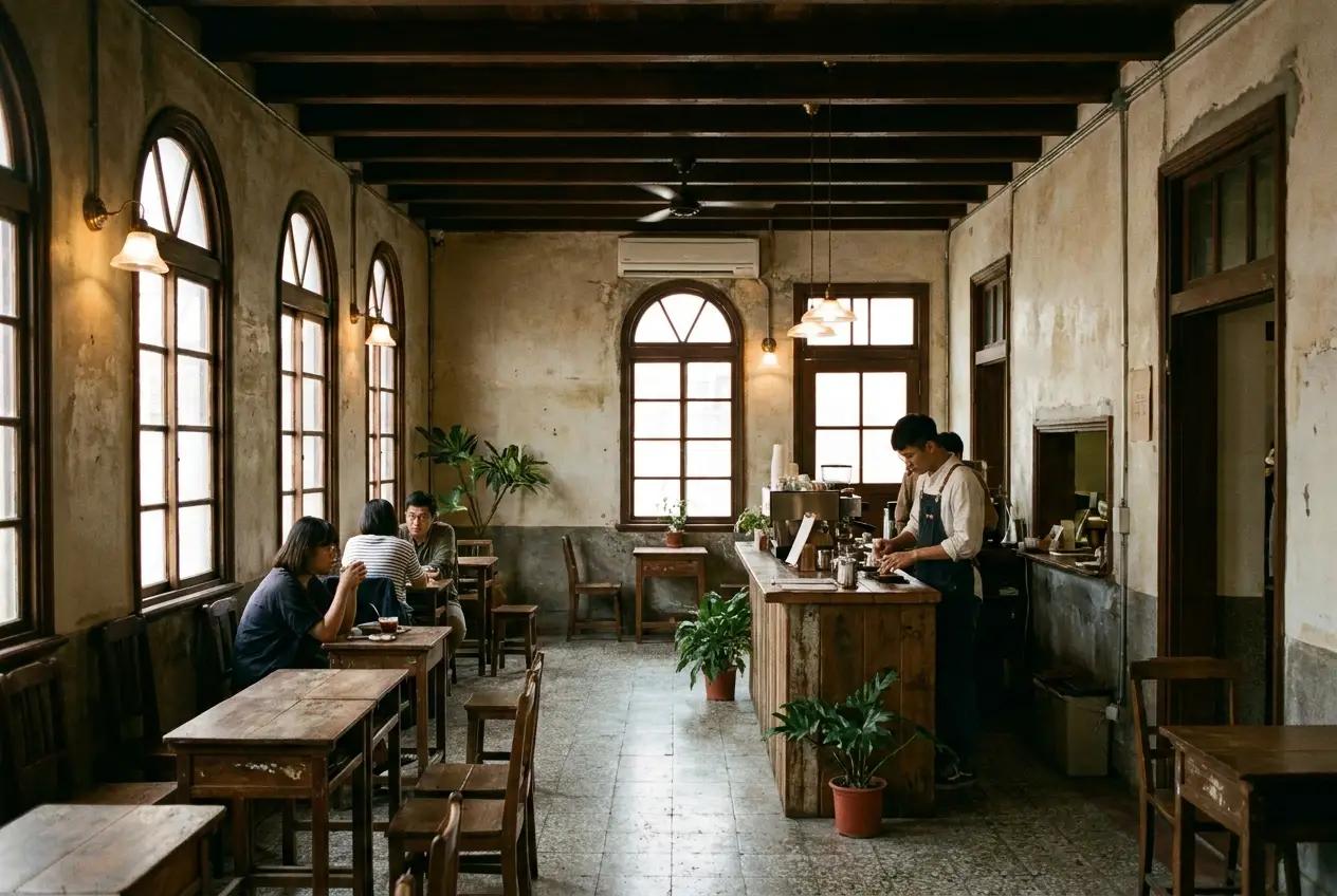 Interior of a restored colonial building converted to coffee shop in Tainan