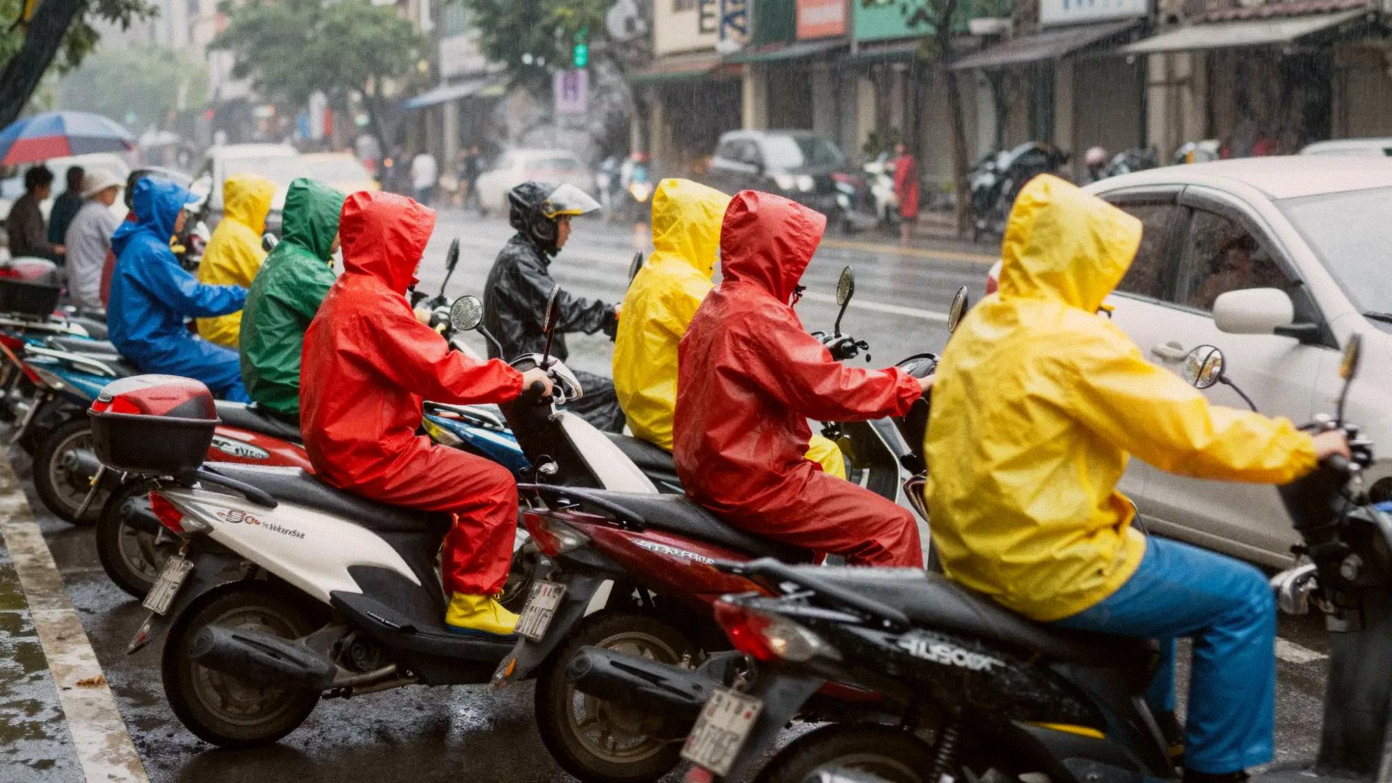 Dozens of scooters on a rainy Taipei street, riders in colorful two-piece rain suits