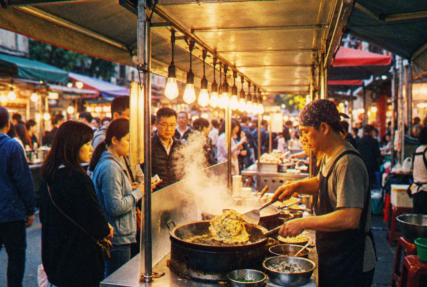 Busy night market food stall with steam rising and queue of customers