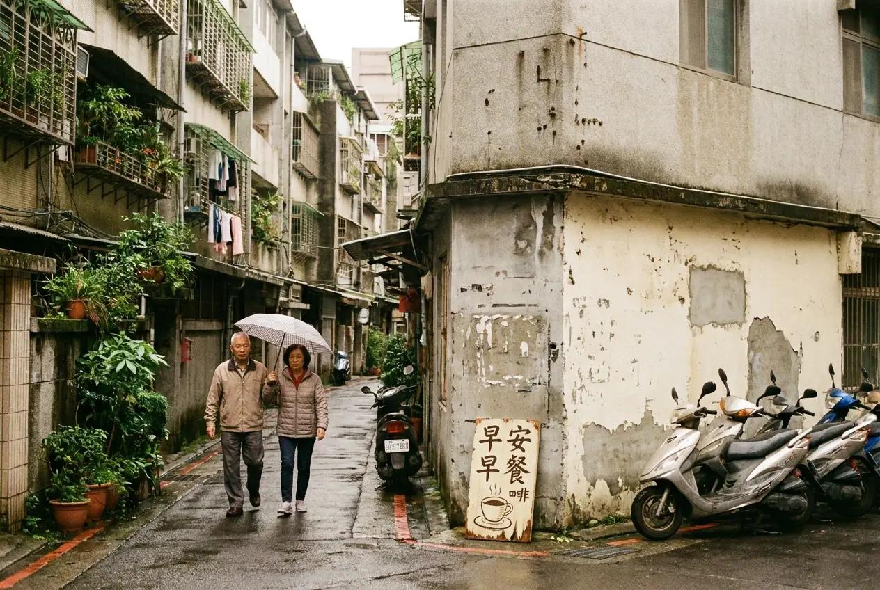 A Taipei street scene on a weekend morning with sunlight and people walking