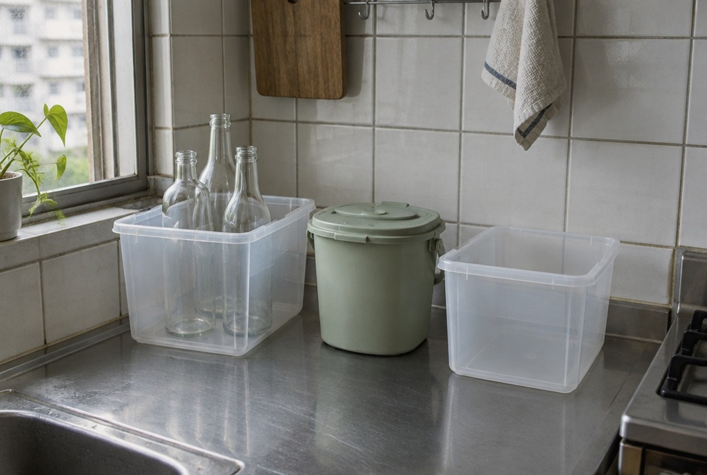 Illustration: Separate containers for an apartment sorting corner.
