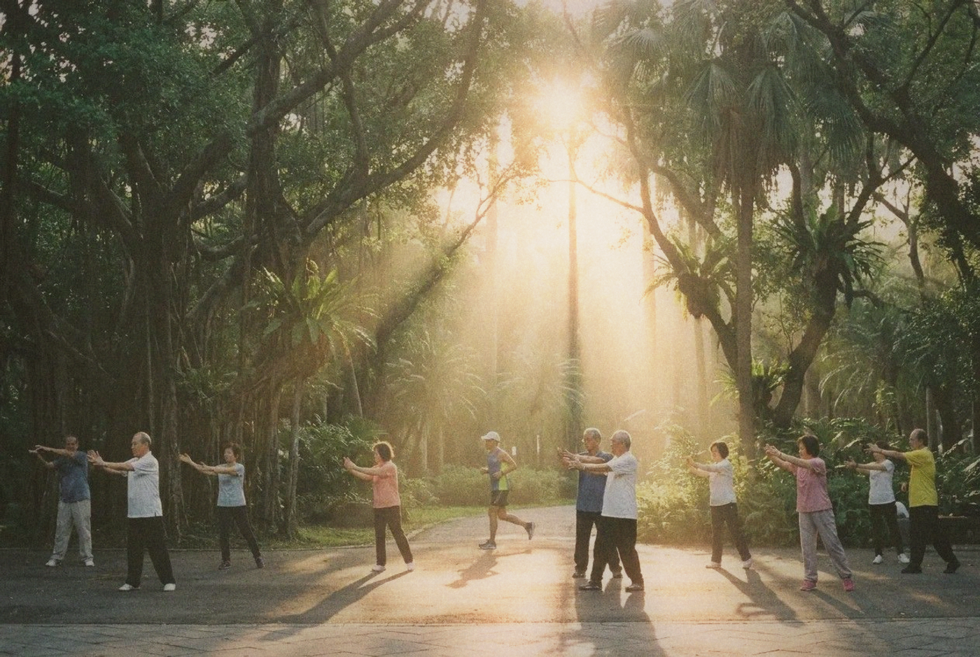 Early morning in Da'an Forest Park Taipei with people doing tai chi