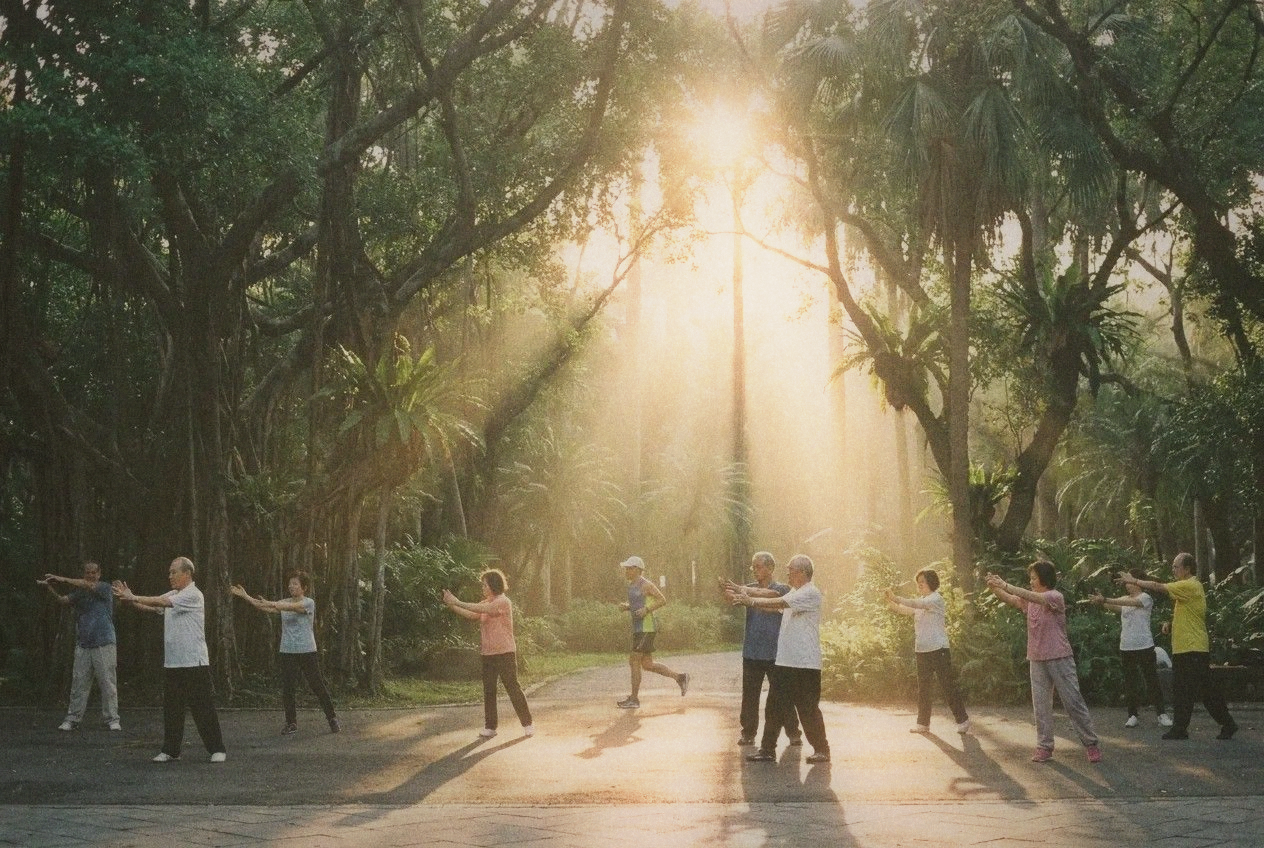 Early morning in Da'an Forest Park Taipei with people doing tai chi