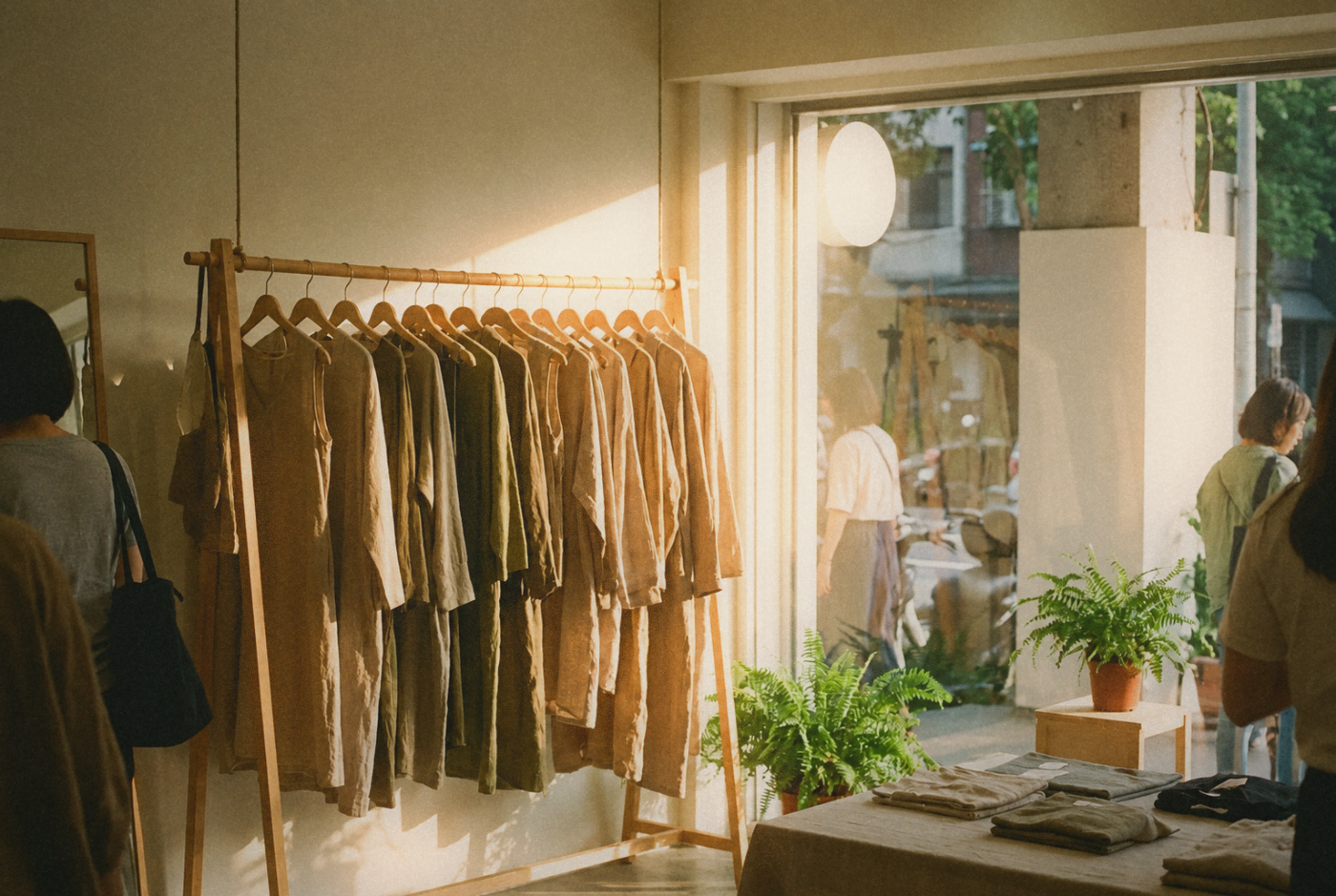 Rail of olive and sand linen garments in a sunlit Taipei shop, shoppers browsing by the window
