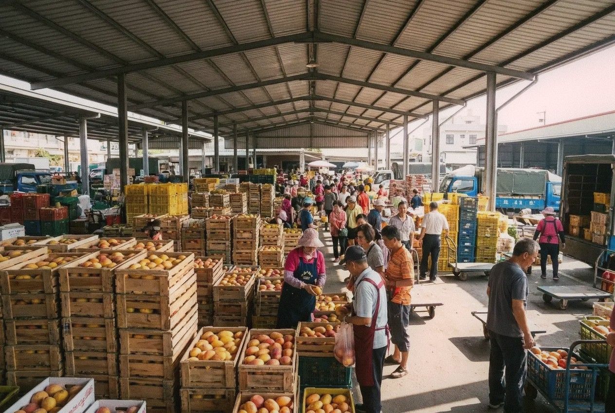 Yujing mango wholesale market in Tainan Taiwan with crates of mangoes